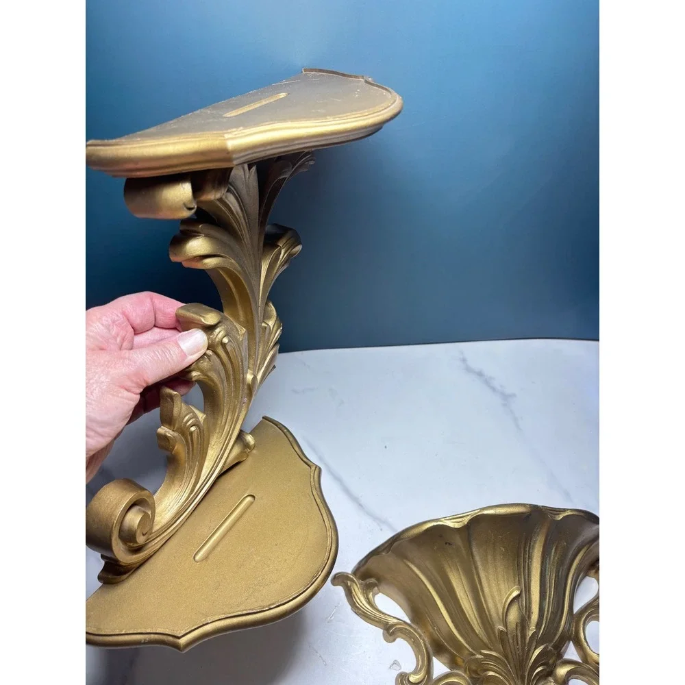Vintage Gold Wall Shelf and Pocket Planter Set Hollywood Regency Ornate Decor